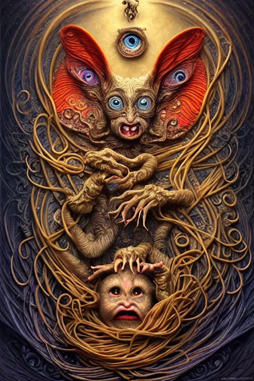 Image similar to A beautiful detailed grotesque creature made of pasta super cute tarot card, by tomasz alen kopera and Justin Gerard, symmetrical features, ominous, magical realism, texture, intricate, ornate, royally decorated, whirling smoke, embers, red adornements, blue torn fabric, radiant colors, fantasy, trending on artstation, volumetric lighting, micro details, 3d sculpture, ray tracing, 8k, anaglyph effect, digital art