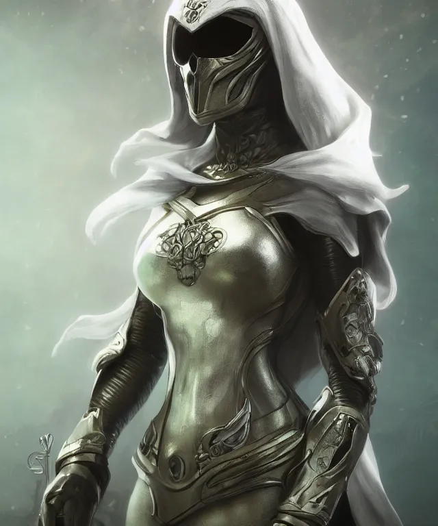 Prompt: female moon knight, hyper detailed, digital art, trending in artstation, cinematic lighting, studio quality, smooth render, unreal engine 5 rendered, octane rendered, art style by alphonse mucha