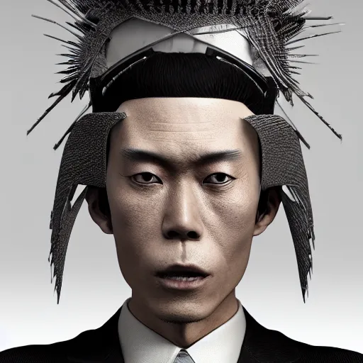 Image similar to japanese salaryman with extremely detailed headdress, inspired by die antwoord beautiful, hand painted textures, cloth physics, deviantart, karol bak, masamune shirow, black and white, beautiful lighting, photorealistic, concept art, perfect render, 3 d render, pixar, 8 k