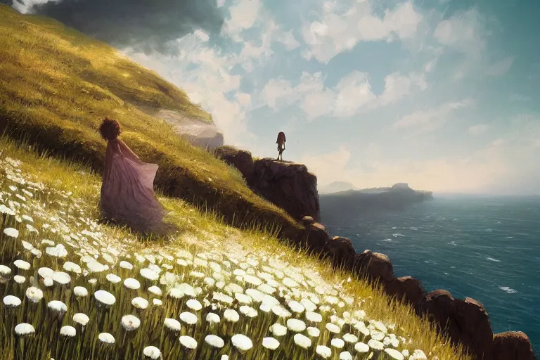 Image similar to giant white daisy flower head, girl walking on cliff, surreal photography, solar eclipse, milky way, dramatic light, impressionist painting, clouds, digital painting, artstation, simon stalenhag