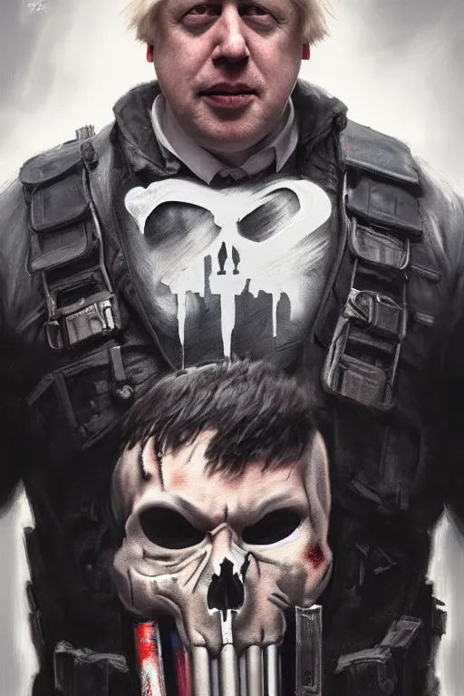 Image similar to Boris Johnson as Punisher, portrait, skull spraypainted on the vest, highly detailed, digital painting, artstation, concept art, smooth, sharp focus, illustration, cinematic lighting, art by artgerm and greg rutkowski and alphonse mucha