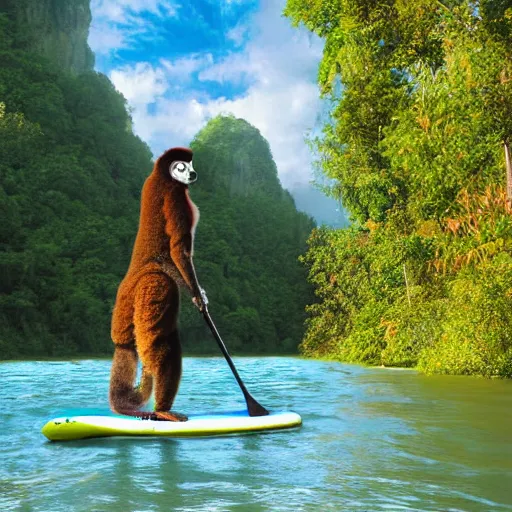 Image similar to a view of a human - sized lemur on a stand up paddleboard floating down the middle of a river with cliffs on either side, digital art