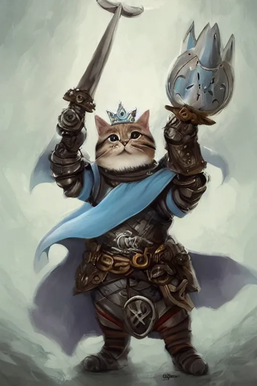 Image similar to cute little anthropomorphic cat knight wearing a cape and a crown, tiny, small, miniature cat , baby animal, short, pale blue armor, cute and adorable, pretty, beautiful, DnD character art portrait, matte fantasy painting, DeviantArt Artstation, by Jason Felix by Steve Argyle by Tyler Jacobson by Peter Mohrbacher, cinematic lighting