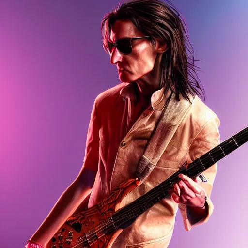 Image similar to photorealistic steve vai. hyperdetailed photorealism, 1 0 8 megapixels, amazing depth, glowing rich colors, powerful imagery, psychedelic overtones, 3 d finalrender, 3 d shading, cinematic lighting, artstation concept art