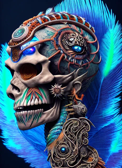 Image similar to 3 d shaman with tattoos profile portrait, sigma 5 0 0 mm f / 5. beautiful intricate highly detailed quetzalcoatl skull and feathers. bioluminescent, plasma, lava, ice, water, wind, creature, thunderstorm! artwork by tooth wu and wlop and beeple and greg rutkowski, 8 k trending on artstation,