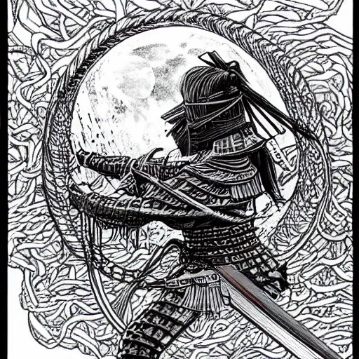 Image similar to samurai under wrapped in chains under a full moon ,ink art In the style of Moebius drawing