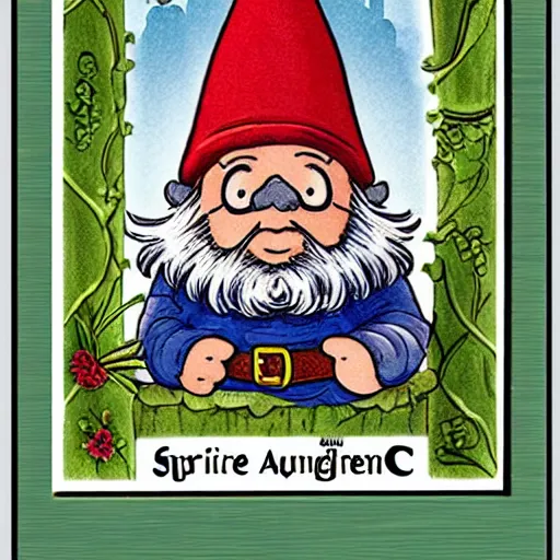 Prompt: collecting cards of undercover super garden gnomes and their magical attributes, borders,