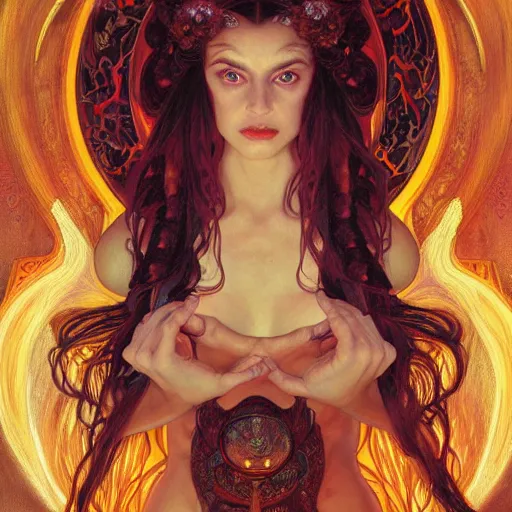 Prompt: an portrait of a beautiful alluring female demon goddess with fire in her glowing eyes, detailed, centered, digital painting, artstation, concept art, donato giancola, Dante Gabriel Rossetti, alphonse mucha, Joseph Christian Leyendecker, WLOP, Boris Vallejo, Breathtaking, 8k resolution, extremely detailed, beautiful, establishing shot, artistic, hyperrealistic, beautiful face, octane render