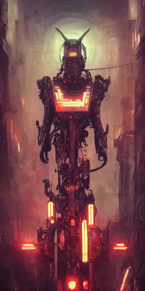 Prompt: concept art, retro - futurist viking cyborg warrior, detailed, ornate, hyper - realistic, towering, imperious size, artstation, dramatic neon lighting, glowing mystical motifs, bladerunner, by gerald brom, james jean, syd mead, akihiko yoshida, cinematic