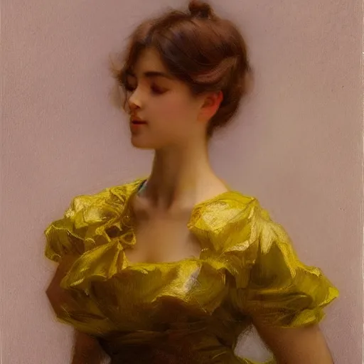 Prompt: a yellow dress fashion model studio backlit portrait of sombre anime girl, painting by gaston bussiere, craig mullins, j. c. leyendecker