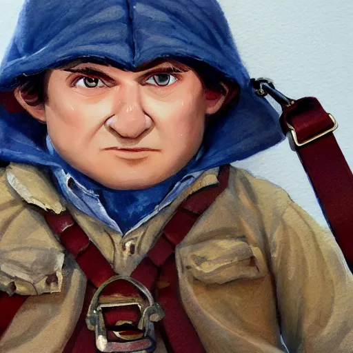 Prompt: close up headshot of a frowning clean shaven pudgy British lad with short curly dark brown hair as a hobbit wearing a white men's crossbody sling chest bag and blue vest, blue vest!! white crossbody chestbag!! high resolution film still, painting by Charlie Bowater