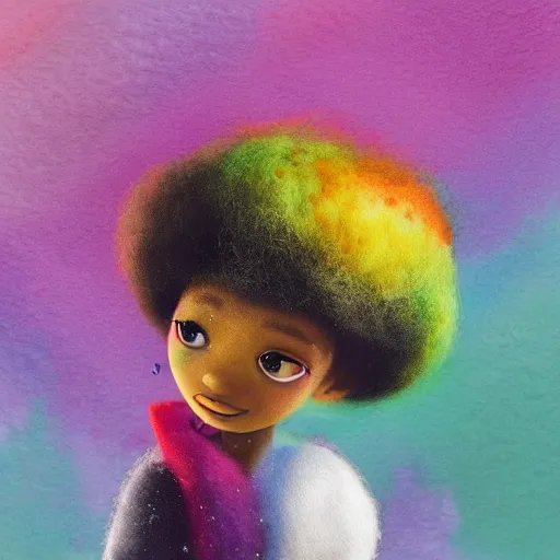 Image similar to a black girl with a colorful afro and big colorful eyes playing in the snow, bright colours, bokeh!! watercolor, volumetric wool felting, macro photography, children illustration, by goro fujita