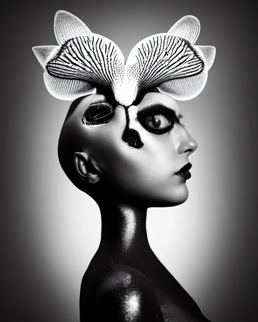 Image similar to surreal mythical dreamy dark artistic black and white fine art 3 / 4 fashion portrait photo of a young beautiful delicate female robot with orchid - owl face, rim light, cinematic, studio dramatic light, poetic, masterpiece, octane render, 8 k, photo - realistic by hg giger and man ray