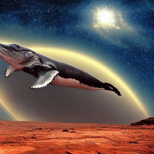 Prompt: whale on mars, photorealistic, very detailed, high definition landscape, gorgeous whale, stars and milky way galaxy, award winning photograph, nature photography