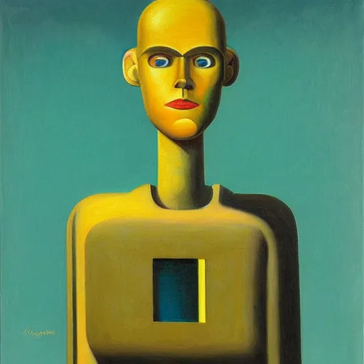 Image similar to super - intelligent robot with kind eyes portrait, grant wood, pj crook, edward hopper, oil on canvas