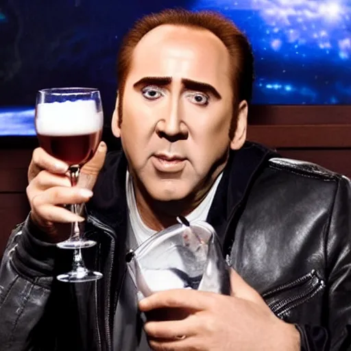 Prompt: Drinking of liquid Nicolas Cage from bottle.