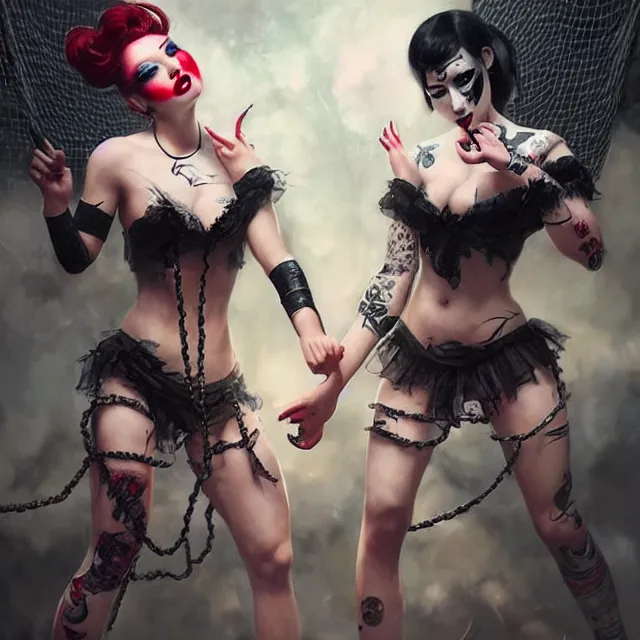 Prompt: two beautiful girls fighting chain slavery cosplay with black hair in fully tattooed body and net clothes fully on, white face makeup, big red lips, black eye makeup, art by wlop and gennady ulybin and stanley lau and artgem and magali villeneuve and karol bak