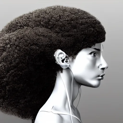 Prompt: A female cyborg head facing towards the right with flowing hair that looks like a bonsai tree