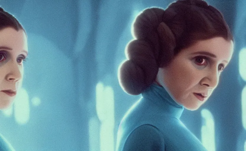 Image similar to screenshot portrait of Princess Leia alone in a teal Temple scene from the last jedi, 1980s film by Stanley Kubrick, 4k serene, iconic , photoreal portrait Carrie fischer, detailed face, moody lighting stunning cinematography, hyper detailed, sharp, anamorphic lenses, kodak color film