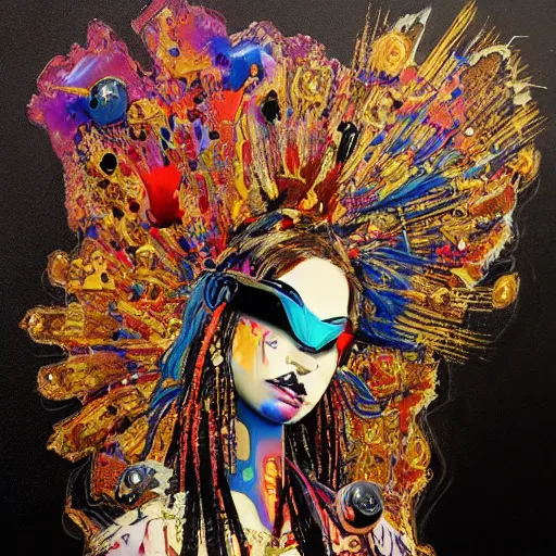 Image similar to ( high definition highly detailed baroque cyberpunk shamaness, varnished oil paint in bright colors on black background with small background color splatters, by katsuhiro otomo ) on a black board