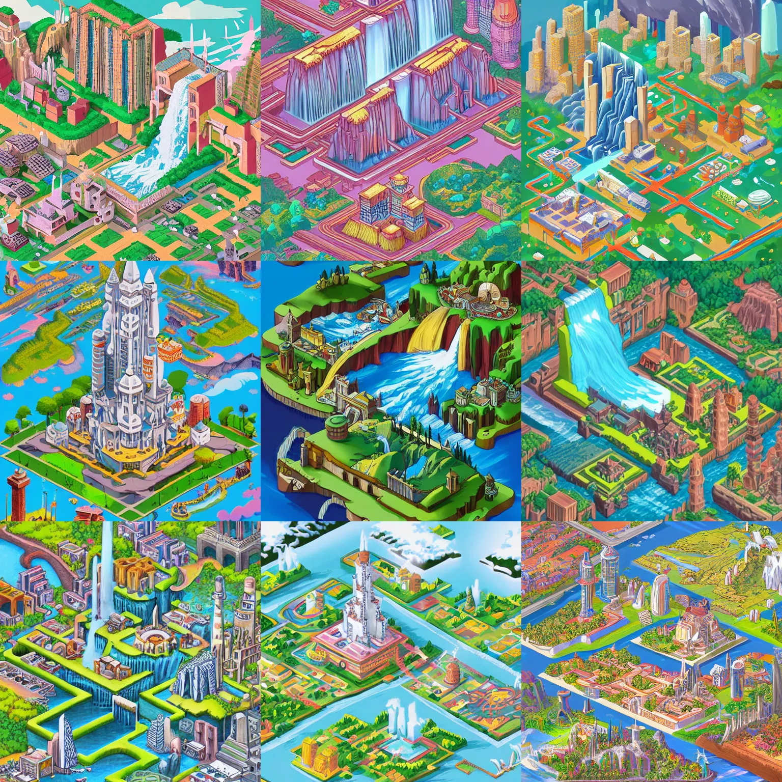 Prompt: isometric fantasy art of a giant waterfall city with tall skybridges and turrets, bold colors, detailed, by studio ghibli