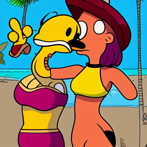 Image similar to leela from futurama making a bikini selfie with a shy donald duck at the beach, painting matt groening, don rosa, trending on artstation