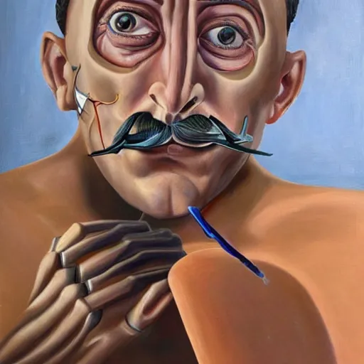 Prompt: half man half robot Salvadore Dali twirling his mustache while painting