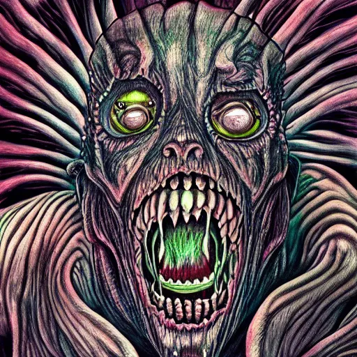 Image similar to Horror beast by junji ito , Colored pencil , Hyperdetailed , trending on artstation , CGSociety , matte painting , Concept art