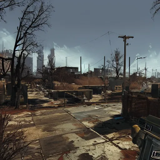 Image similar to st. louis in ruins post - nuclear war in fallout 4, in game screenshot