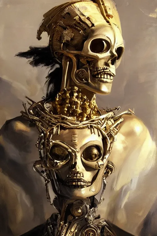 Prompt: beautiful expressive oil painting portrait of ancient god queen, silver exoskeleton, with a gold skull mask, cyberpunk, alien semiotic symbols, art by anders zorn, wonderful masterpiece by greg rutkowski, beautiful cinematic light, american romanticism by greg manchess, jessica rossier