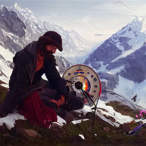 Image similar to male dj mix his music in front of the crowd on the Alps mountains, highly detailed, digital painting, artstation, concept art, sharp focus, illustration, art by artgerm and greg rutkowski and alphonse mucha and Norman Rockwell,