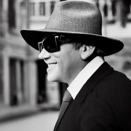 Prompt: film still, extreme long shot, of an enigmatic mysterious man, smiling, face unseen by wearing a woven fedora and chopard sunglasses, expensive outfit, elegant, casual, intricate, the man summons numerous dark miasma hand appendages from his back,