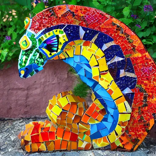 Image similar to mosaic sculpture of a alebrije chimera!!!, irregularly shaped mosaic tiles, in the style of folk art, in a cottagecore flower garden