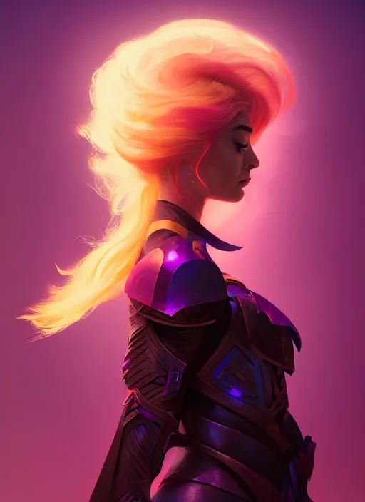 Image similar to side portrait, imogen poots, paladin, fantasy, gloomhaven, luminescent, organic painting, matte painting, bold shapes, hard edges, neon colors, octane render, unreal engine, by greg manchess, huang guangjian, gil elvgren, sachin teng, greg rutkowski, jesper ejsing, ilya kuvshinov