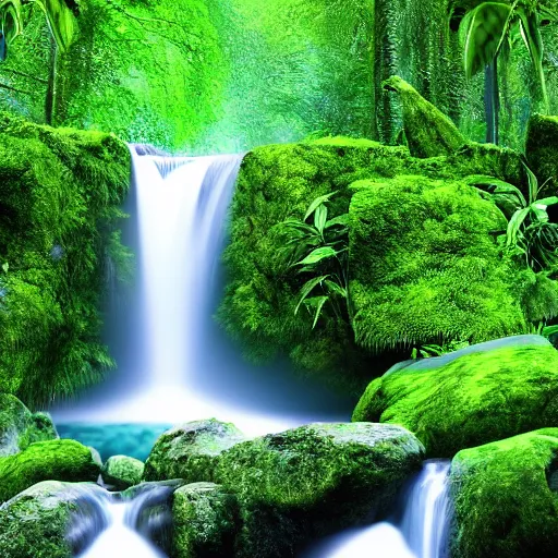 Prompt: beautiful rainforest environment with a waterfall flowing in the background, realistic, 8k resolution