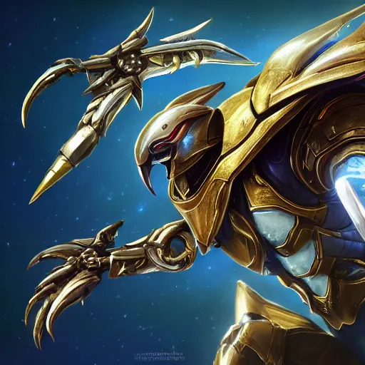 Prompt: cinematic _ hyperdetailed _ league _ of _ legends _ azir _ armor _ metroid _ ravenbeak _ fanart _ gold _ armored _ bird _ wings _ regal _ gold _ sunray _ shaped _ crown _ warframe _ destiny 2 fanart