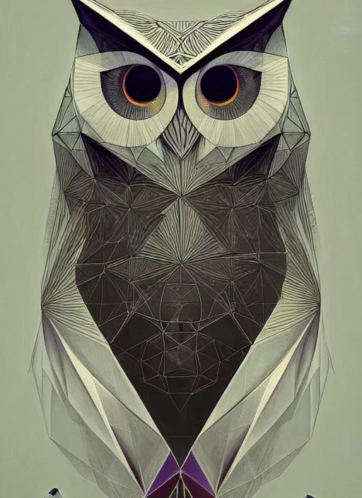 Image similar to portrait of a geometric owl, identical eyes, medium shot, illustration, full body made of white feathers, symmetrical, art stand, super detailed, cinematic lighting, and its detailed and intricate, gorgeous, by peter mohrbacher