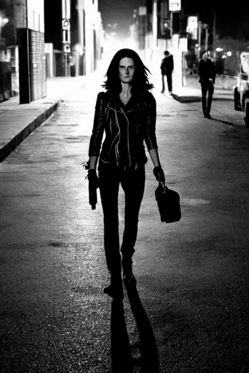 Image similar to photo of jessica jones walking down a nighttime street with a bottle in her right hand