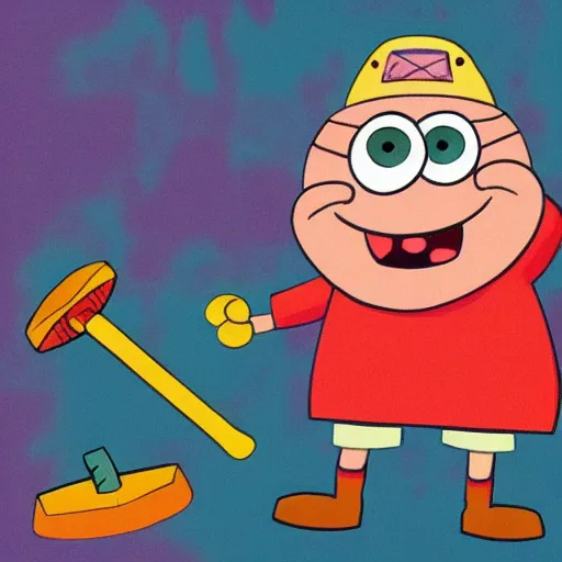 Image similar to patrick star from spongebob squarepants holding a hammer, intricate abstract, cartoon