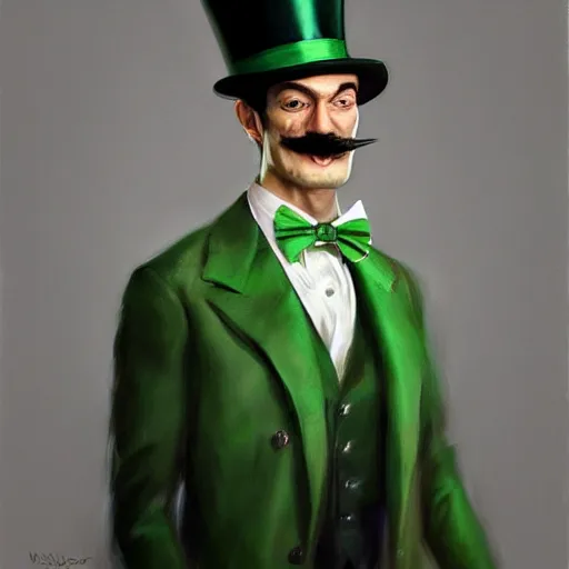 Image similar to hyper realistic portrait painting, beautifully rendered, dapper fancy luigi wearing a green top hat, green suit and bowtie, smirking deviously, painted by greg rutkowski, wlop, artgerm, dishonored 2