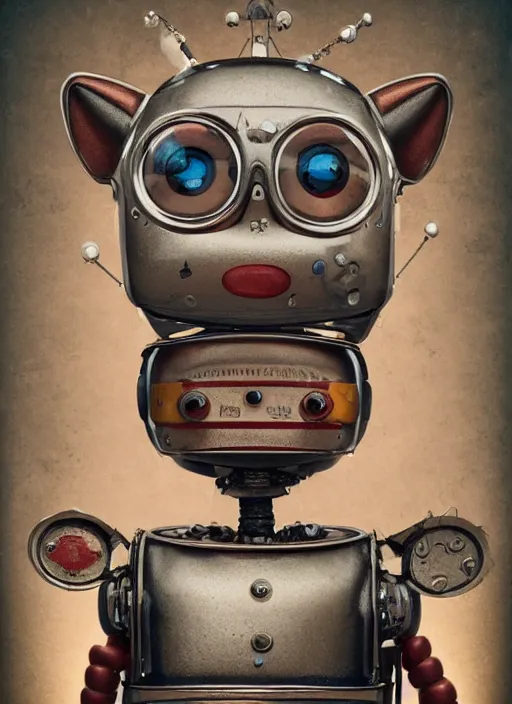 Image similar to closeup portrait of tin toy robot kitty trap, depth of field, zeiss lens, detailed, symmetrical, centered, fashion photoshoot, by nicoletta ceccoli, mark ryden, lostfish, breathtaking, 8 k resolution, extremely detailed, beautiful, establishing shot, artistic, hyperrealistic, octane render