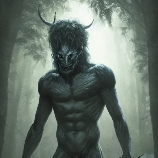 Prompt: anthropomorphic human satyr monster in a dark moonlit forest, horror, dark vibes, digital art, highly detailed, humanoid, by Greg Rutkowski and Schen Teng, trending on artstation, 4k