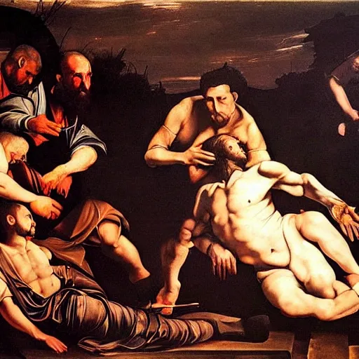 Image similar to the end of man painting with 2 1 savage in the middle apocalypse by caravaggio