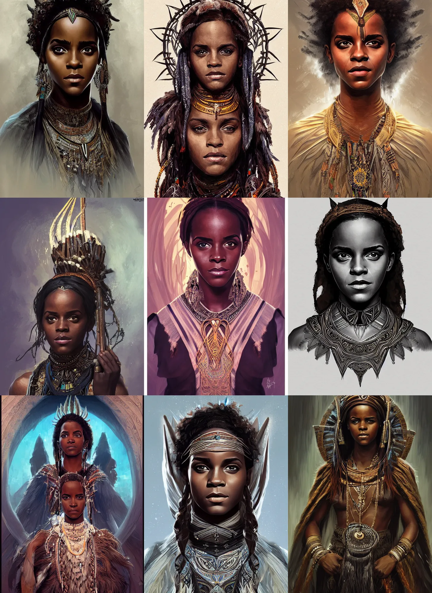 Prompt: black african emma watson as shaman, portrait, symmetric, intricate, highly detailed, digital painting, artstation, concept art, sharp focus, illustration, aleksi briclot, rutkowski, mucha