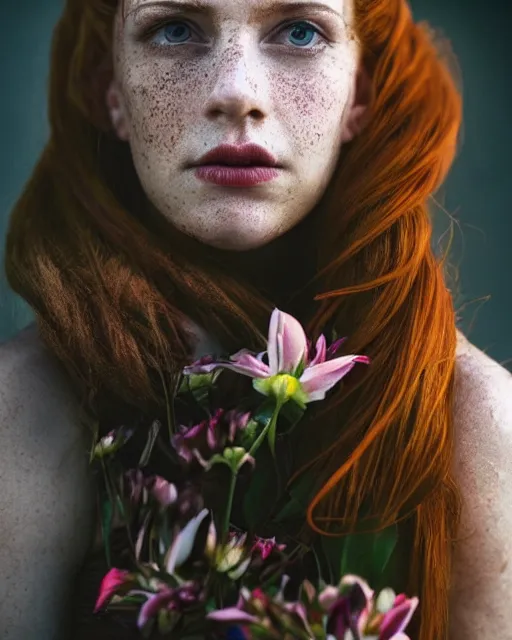 Image similar to Close-up portrait of a woman , close-up, high sharpness, zeiss lens, fashion photo shoot, flowers, red hair, freckles, Annie Leibovitz and Steve McCurry, David Lazar, Jimmy Nelsson, artistic, hyper-realistic, beautiful face, octane rendering