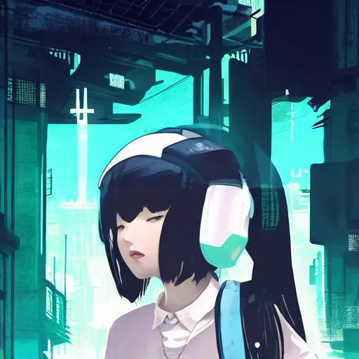 Image similar to Frequency indie album cover, luxury advertisement, white, indigo and teal colors. highly detailed post-cyberpunk sci-fi close-up schoolgirl in asian city in style of cytus and deemo, mysterious vibes, by Ilya Kuvshinov, by Greg Tocchini, nier:automata, set in half-life 2, beautiful with eerie vibes, very inspirational, very stylish, with gradients, surrealistic, postapocalyptic vibes, depth of filed, mist, rich cinematic atmosphere, perfect digital art, mystical journey in strange world, bastion game, arthouse