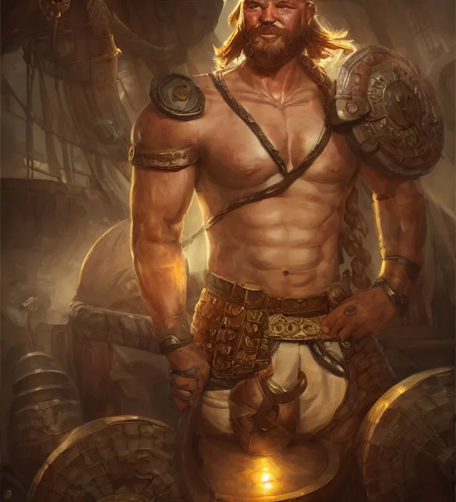 Prompt: muscular viking on ship deck, dnd character art portrait, matte fantasy painting, deviantart artstation, by jason felix by steve argyle by tyler jacobson by peter mohrbacher, cinema