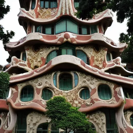 Prompt: a building designed by antonio gaudi in china suzhou gardens