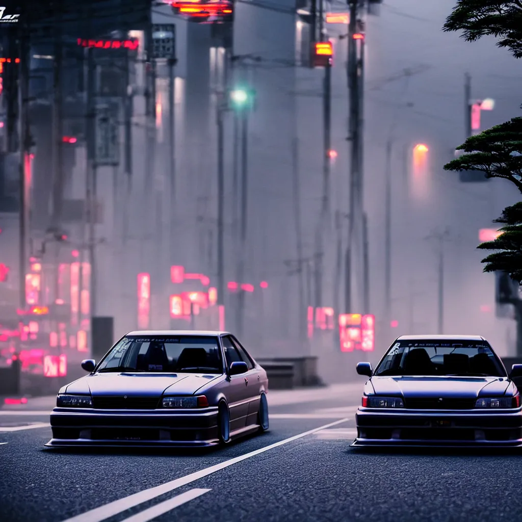 Image similar to a single car JZX100 twin turbo drift in the road, Tokyo prefecture, Japanese architecture, city sunset mist lights, cinematic lighting, photorealistic, detailed alloy wheels, highly detailed