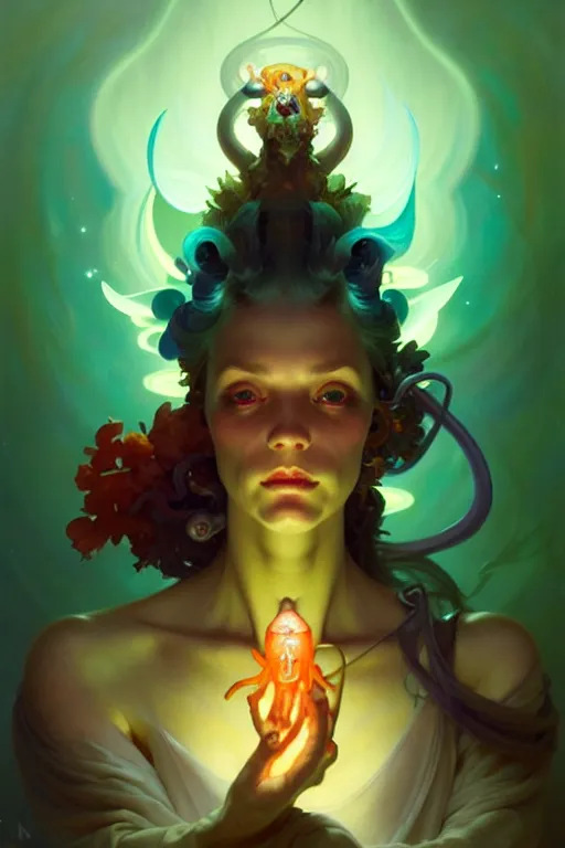 Prompt: portrait, bioluminescent creature, elegant baroque, asymmetrical art, hyperrealism, colorful, vivid, imposing, epic, digital painting, artstation, concept art, by peter mohrbacher and wlop and rhads and artgerm and magali villeneuve and alphonse mucha